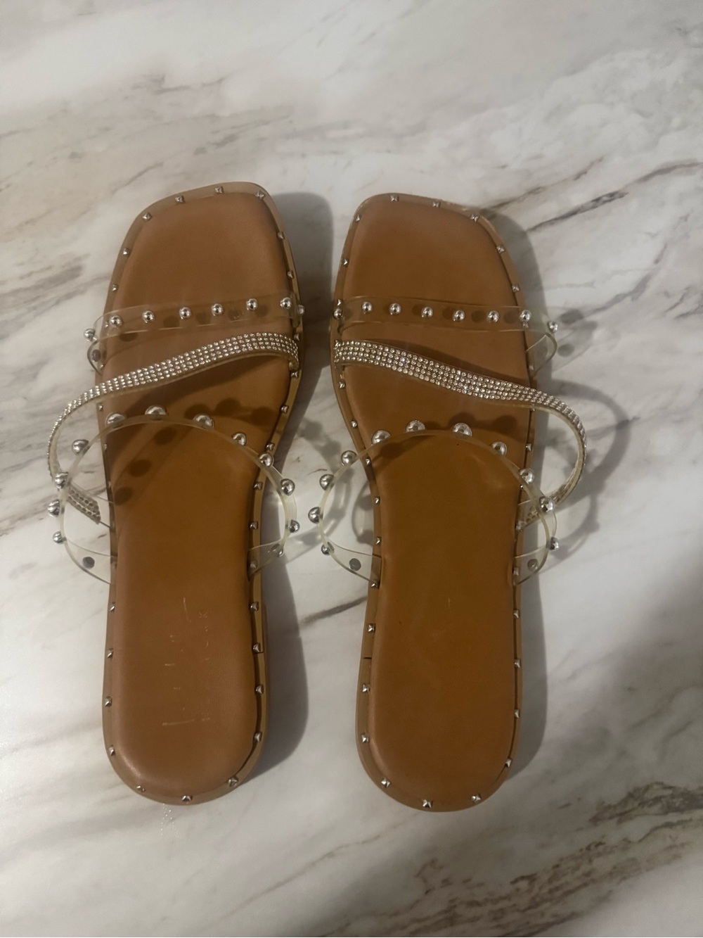 Nicole Miller Tan Slide Sandals with Clear Rhinestone Straps